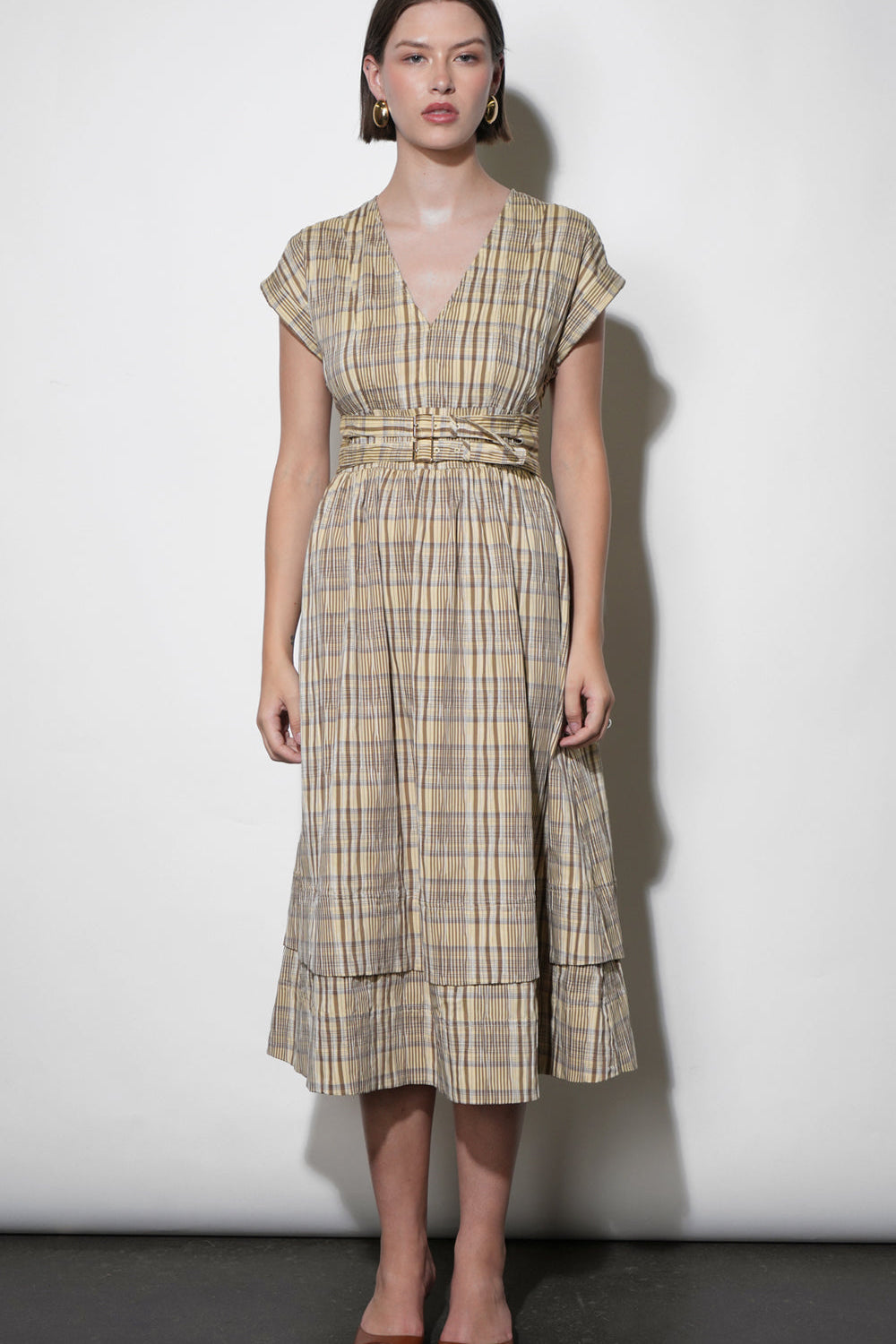 Elizabeth Dolman Sleeve Plaid Belted Midi Dress