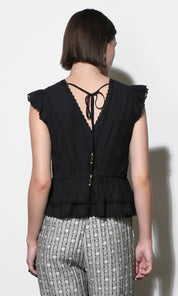 Victoria Pin Tuck Flutter Sleeve Black Top