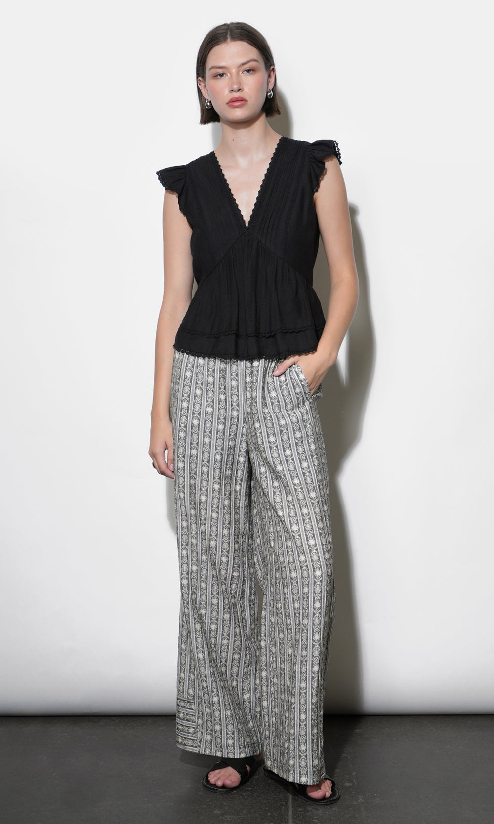 Victoria Pin Tuck Flutter Sleeve Black Top