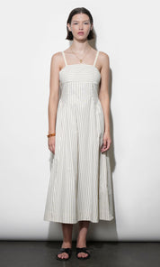 Lyla Gathered Side Sleeveless Stripe Midi Dress