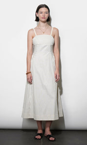 Lyla Gathered Side Sleeveless Stripe Midi Dress