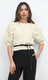 Hallie Cable Knit Puff Sleeve Sweater Top