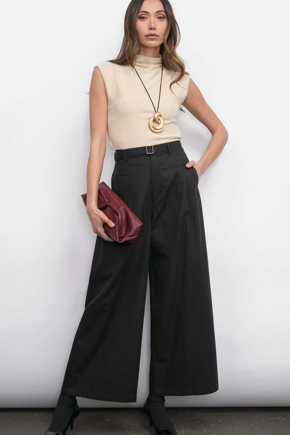 Hera Wide Leg Black Palazzo Twill Pants