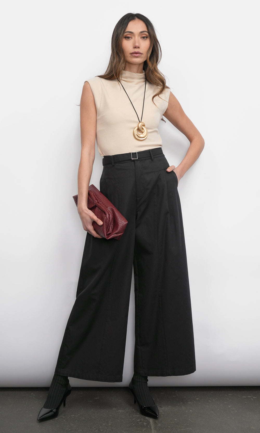 Hera Wide Leg Black Palazzo Twill Pants