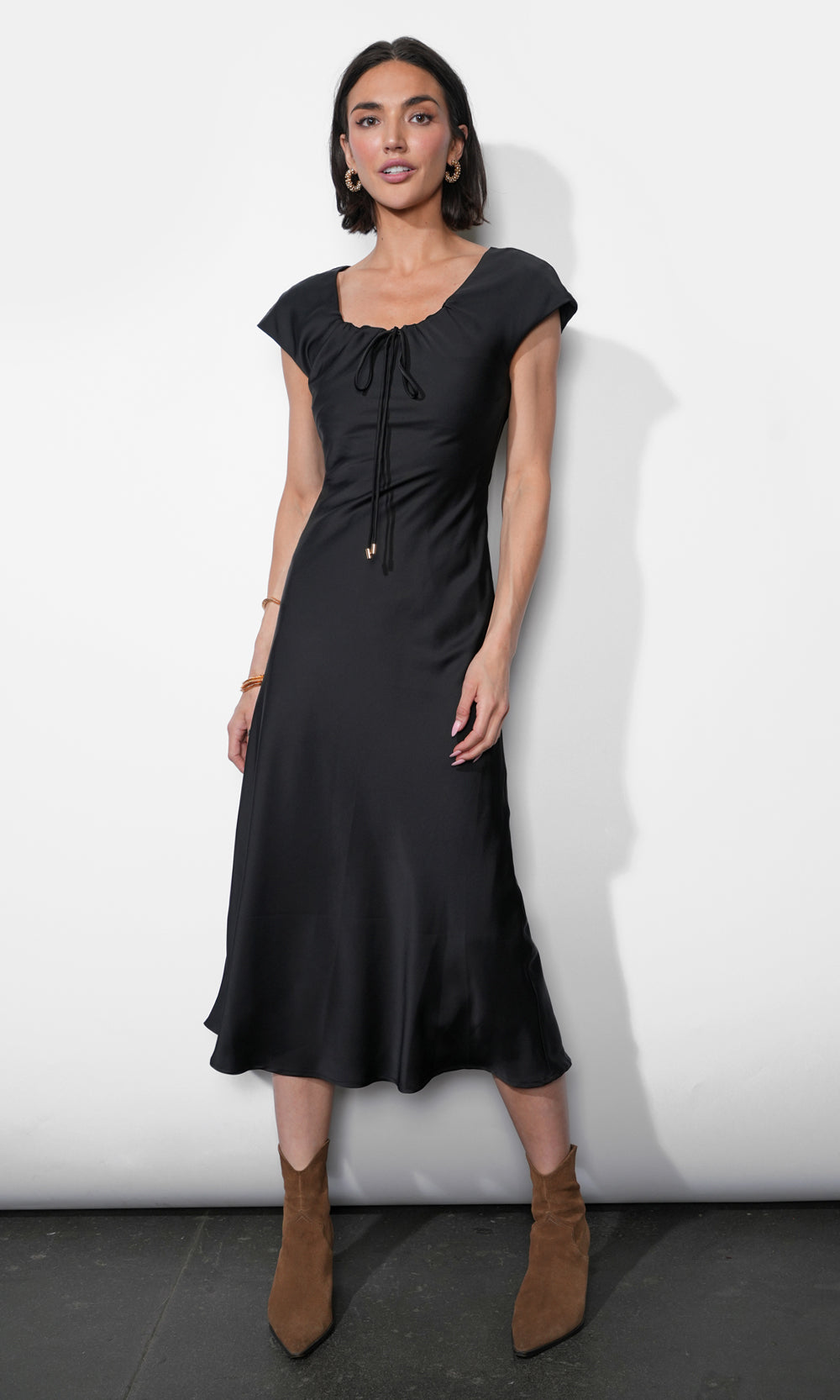 Inez Neck Drawstring Satin Midi Dress