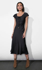 Inez Neck Drawstring Satin Midi Dress