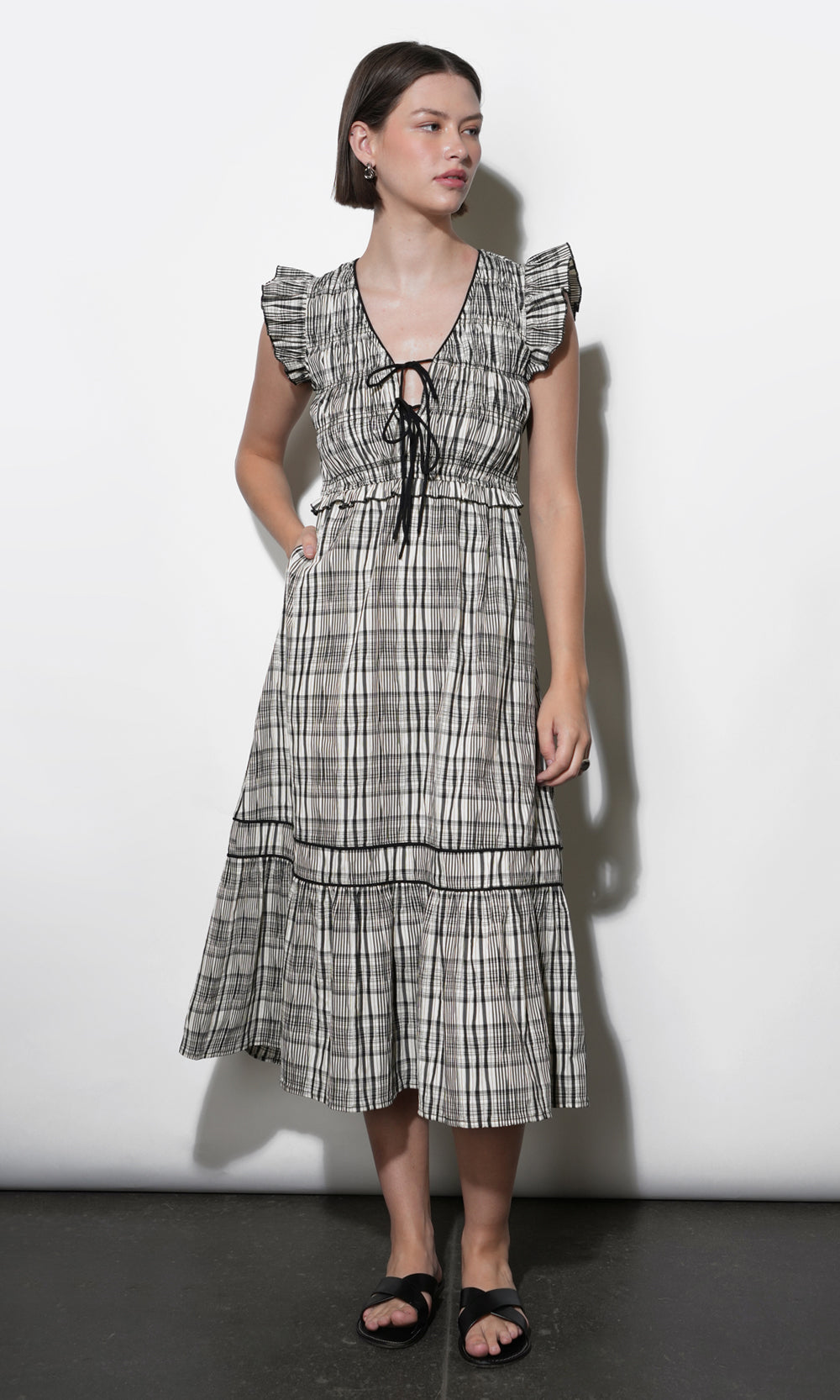 Lacey Smocked Tie Front Plaid Midi