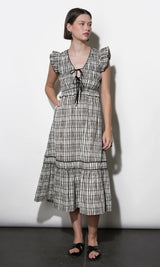 Lacey Smocked Tie Front Plaid Midi