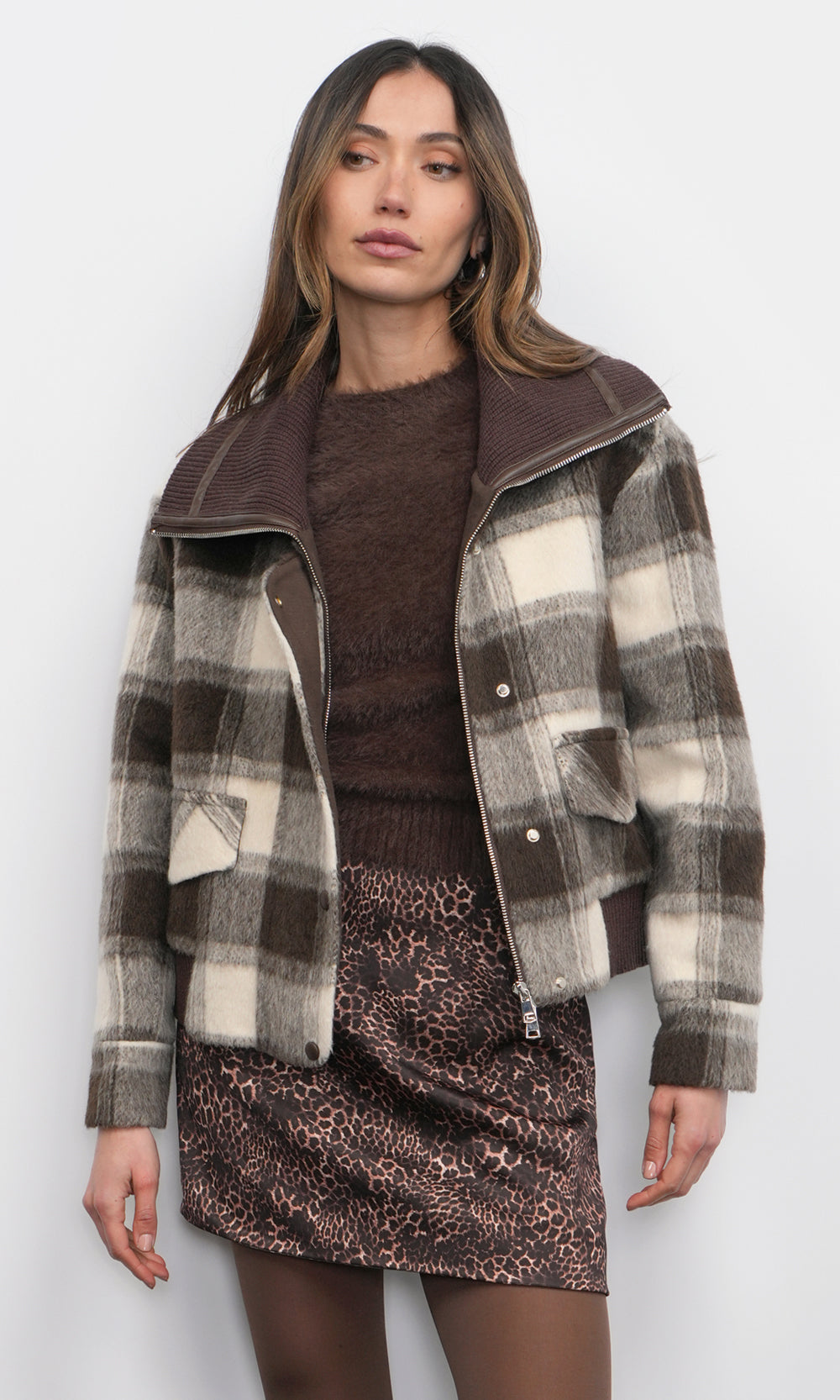 Lennox Plaid Jacket With Knit Oversized Collar