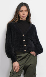 Lina Fuzzy Knit Black Cardigan