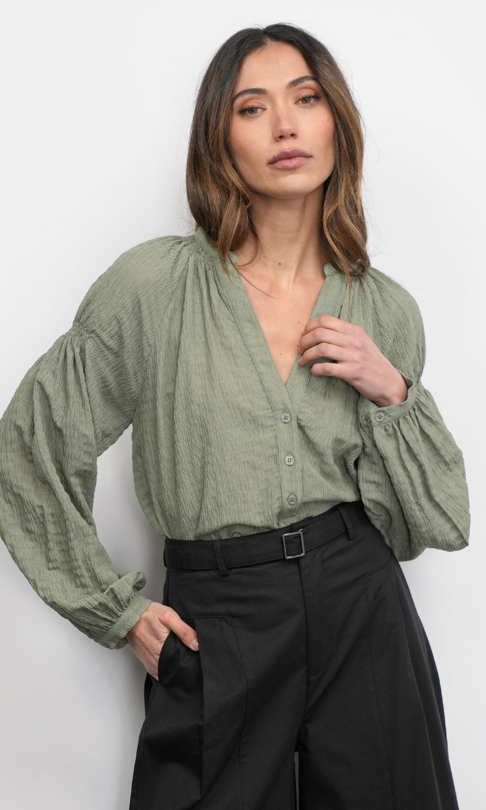 Phoebe Textured Button Up Shirt With Smock Detail