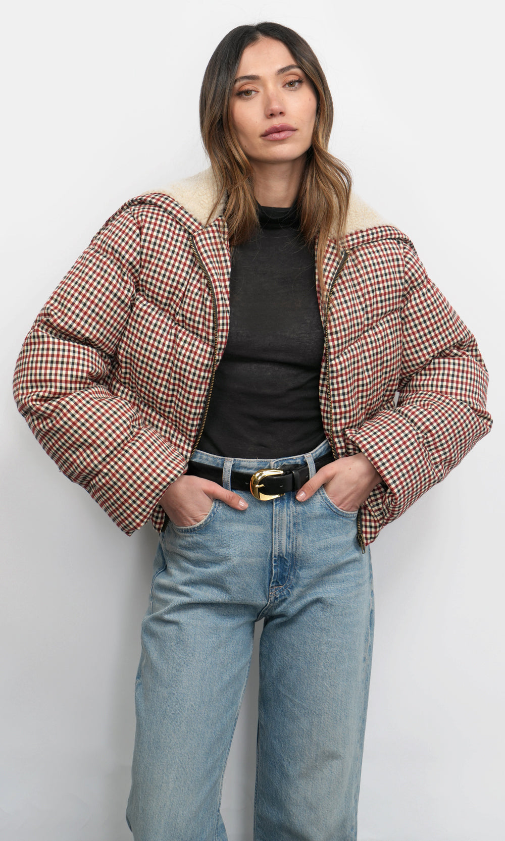 Sally Gingham Puffer w/ Shearling Collar