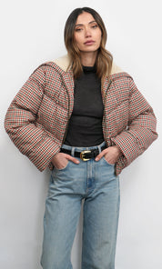 Sally Gingham Puffer w/ Shearling Collar