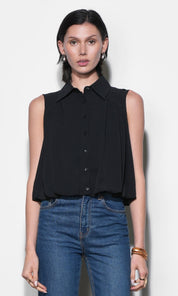 Samantha Sleeveless Button Down Blouse with Bubble Hem