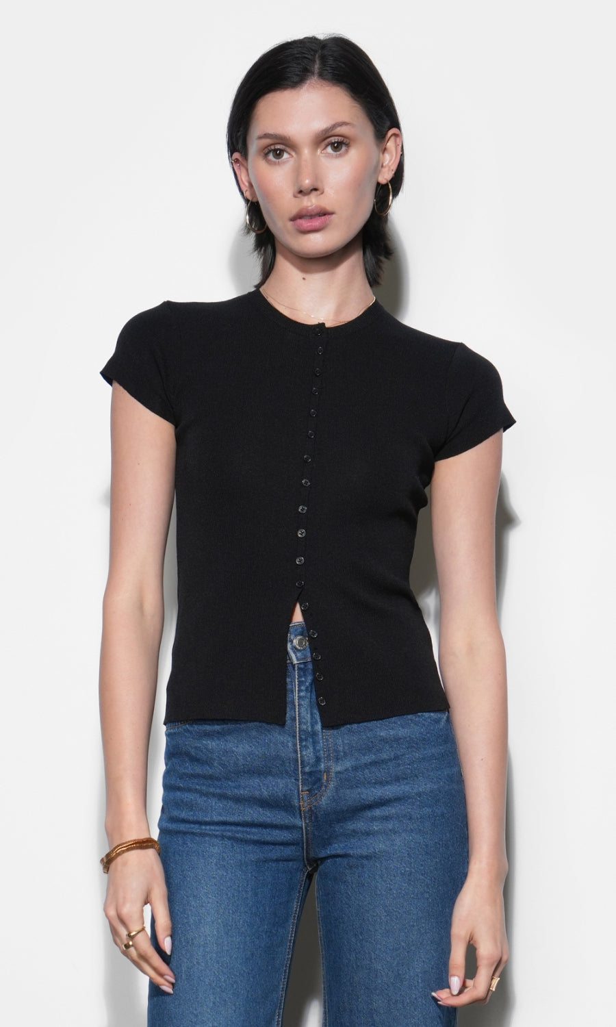 Vera Crew Neck Button Detailed Knit Black Top
