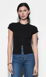 Vera Crew Neck Button Detailed Knit Black Top