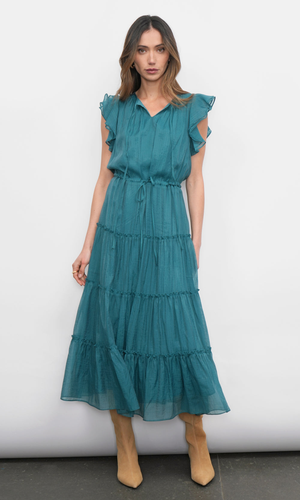 Yvonne Textured Flutter Sleeve Tiered Midi Dress w/ Drawstring