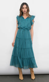 Yvonne Textured Flutter Sleeve Tiered Midi Dress w/ Drawstring