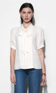 Fatima Pleated Tie Neck Short Sleeve Blouse