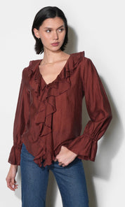 Gemma Cascading Ruffle Button Front Long Sleeve Top