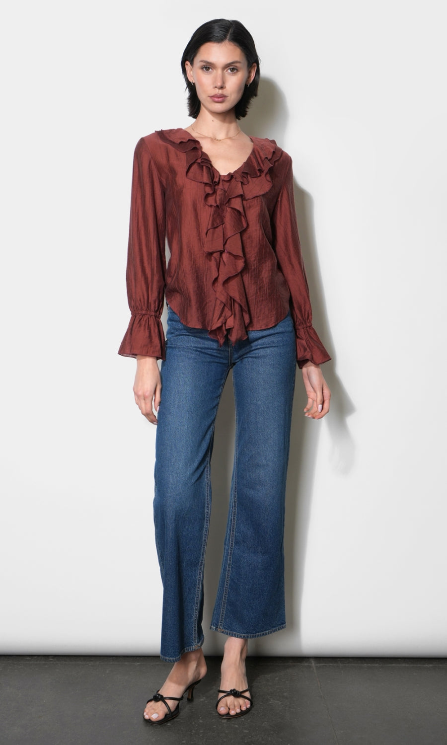 Gemma Cascading Ruffle Button Front Long Sleeve Top